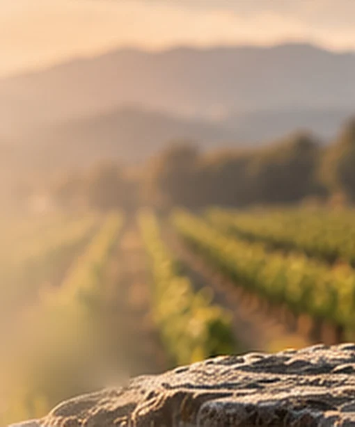 Vineyard rows and soft hills in late afternoon light