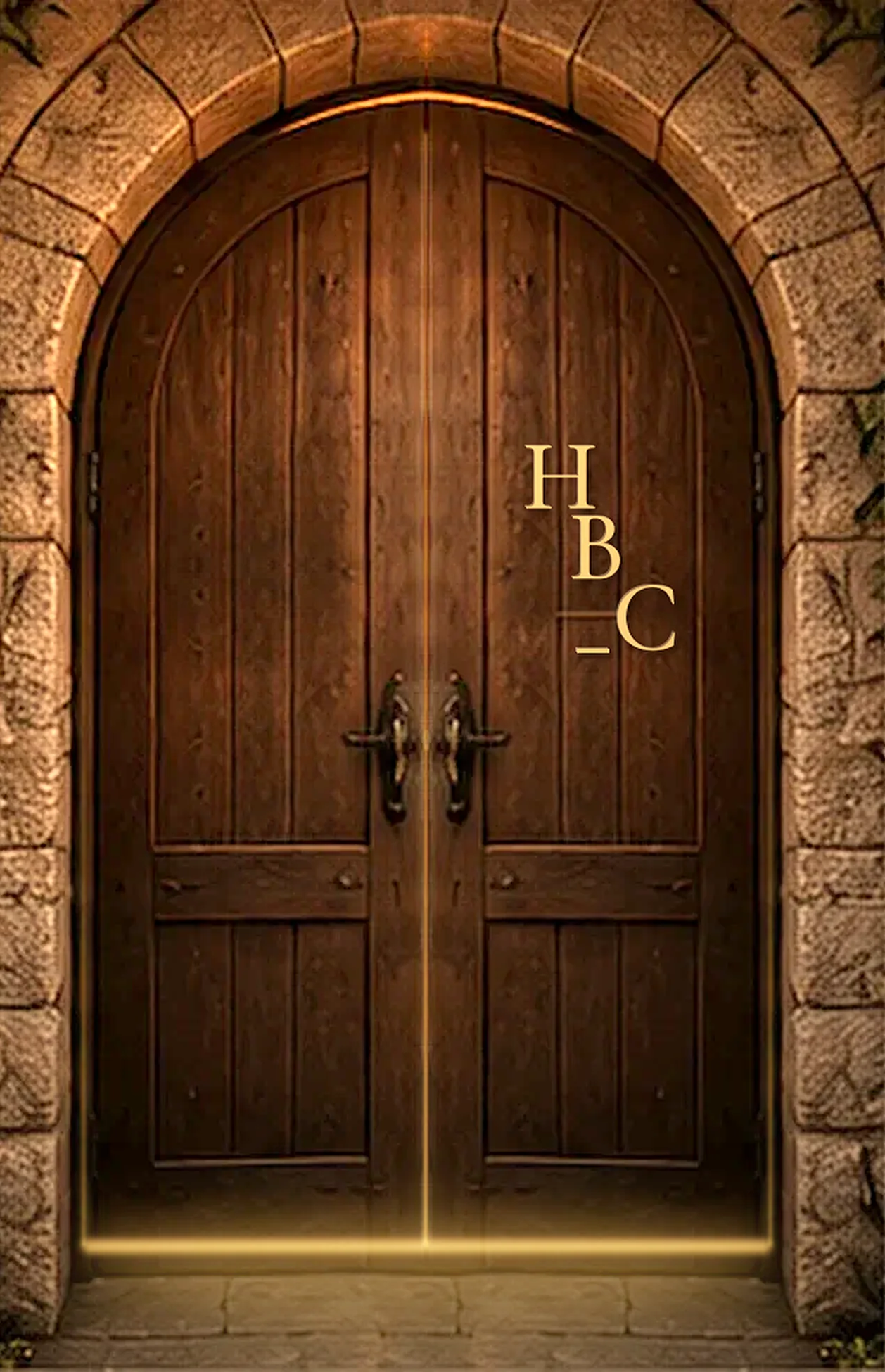 Closed timber double doors in a sunlit stone arch, the HBC monogram on one leaf and warm golden light glowing around the edges and beneath