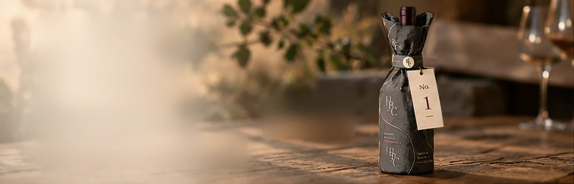 A wrapped Hidden Bottle Collective bottle with a numbered tag on a timber tasting table, glasses beyond