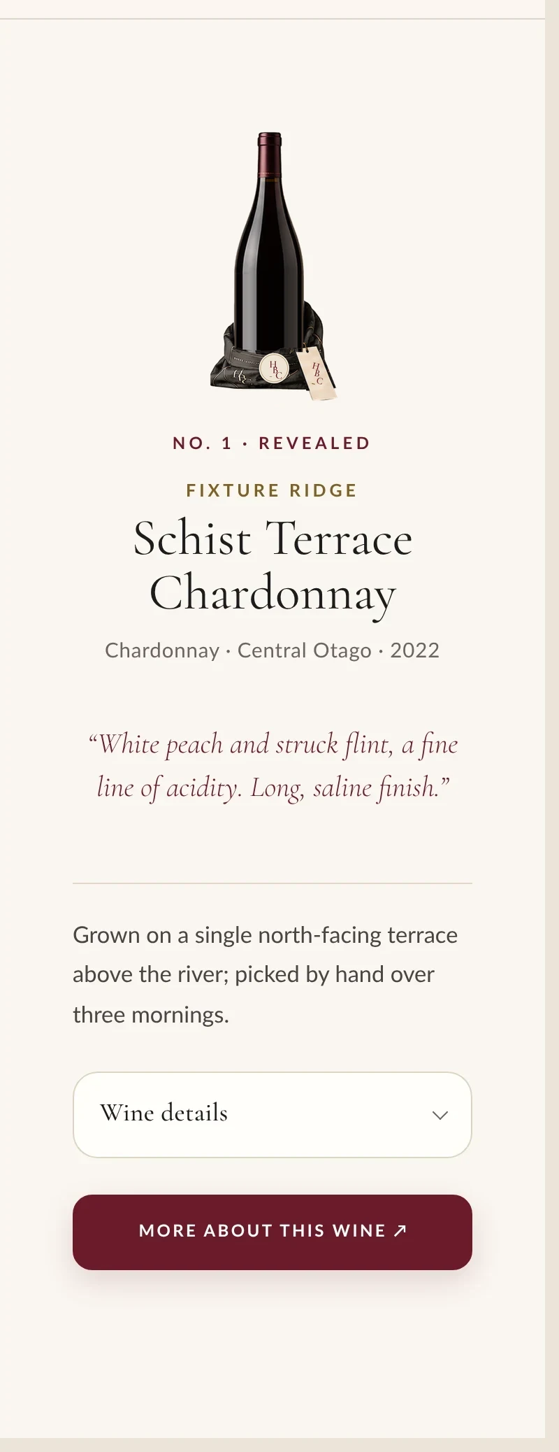 An HBC reveal page on a phone: the revealed bottle, the producer, the wine and its story