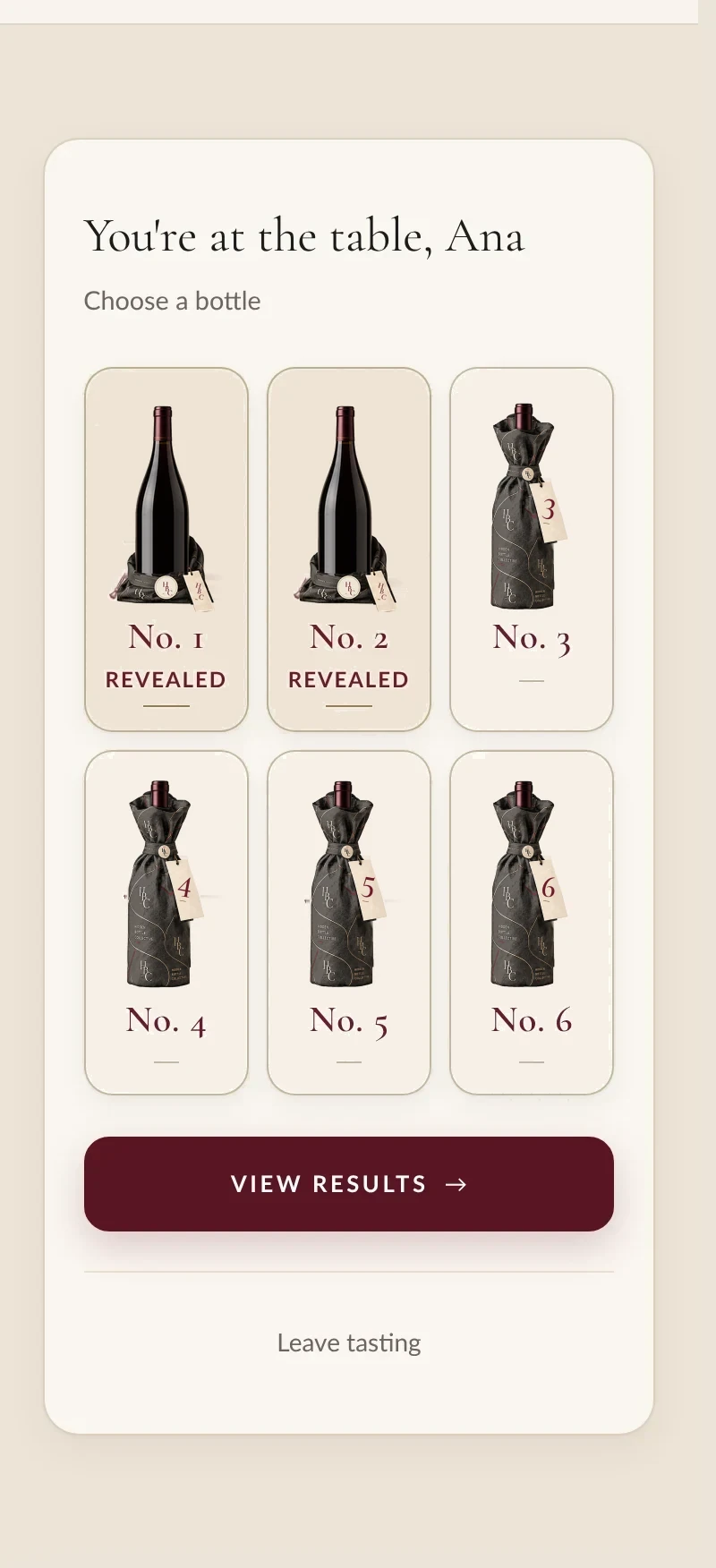 The HBC tasting platform: a table of six numbered bottles on a phone