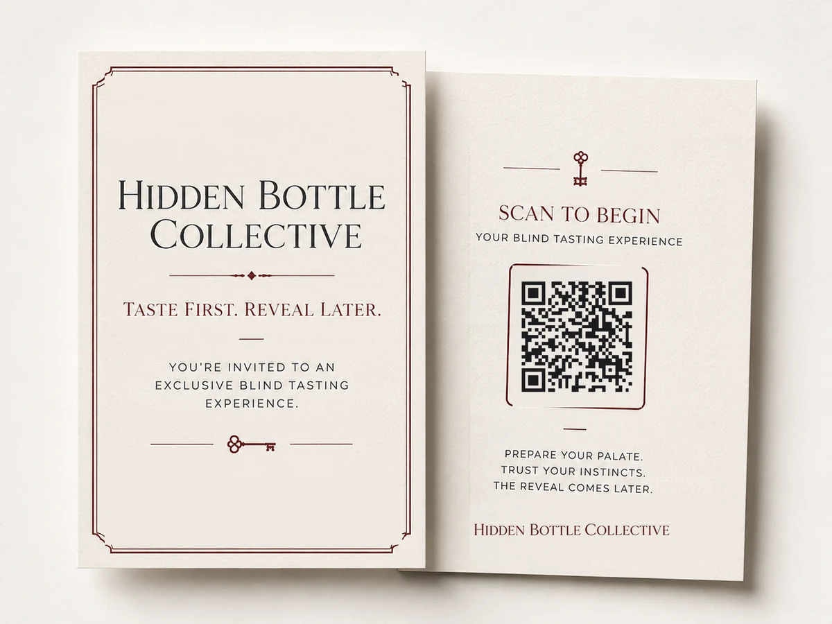 Hidden Bottle Collective invitation card reading Taste First, Reveal Later, with a QR code to scan and begin the blind tasting